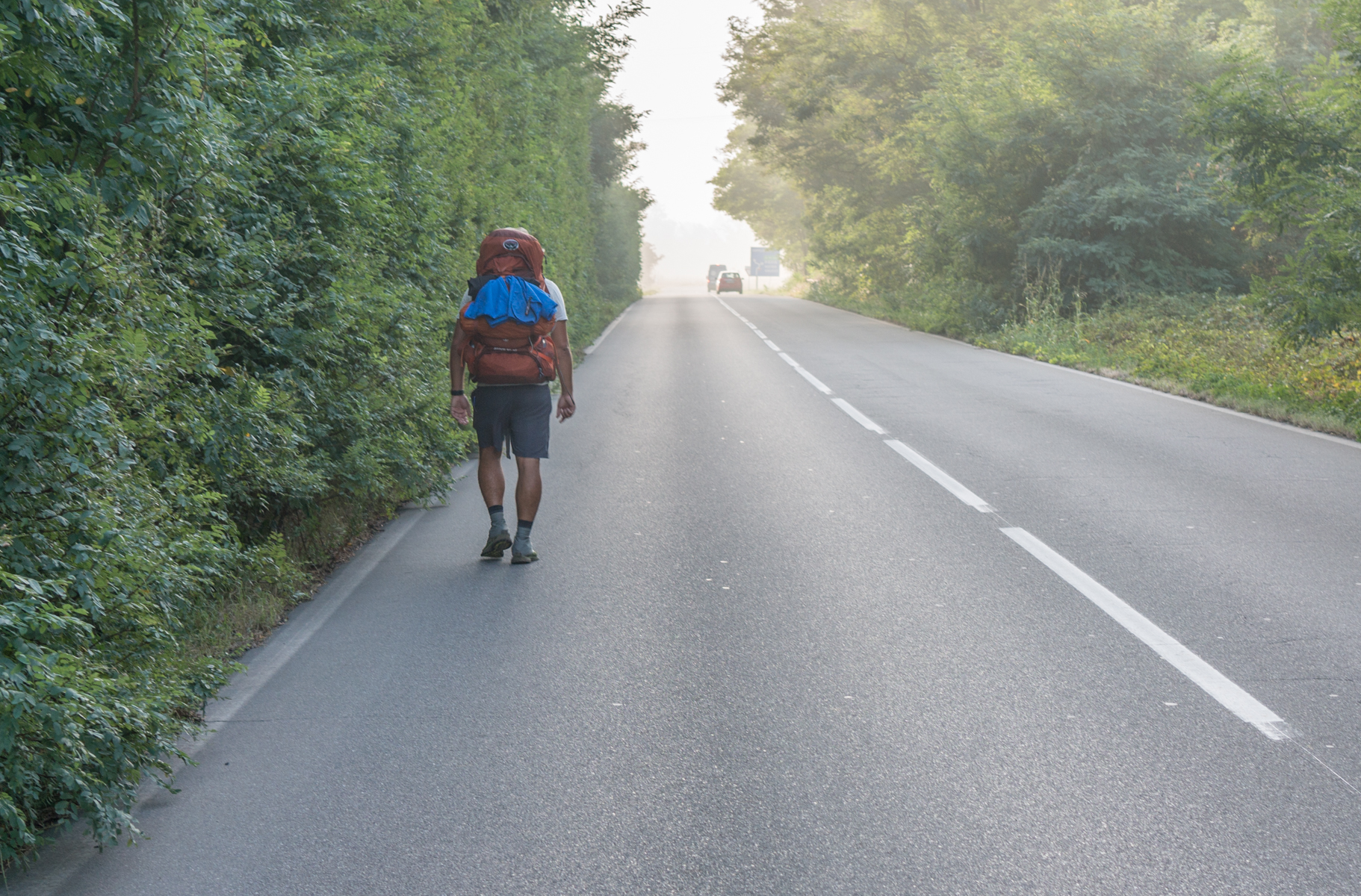 A pilgrim on the Via Francigena shortly after departing Gropello Cairoli, Italy | Photo by Mike Hudak