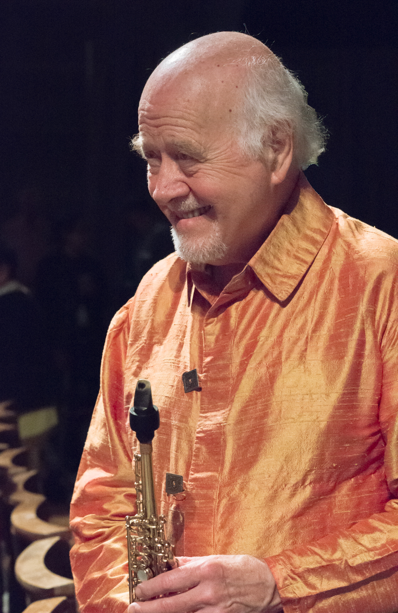 Paul Winter greets attendees at conclusion of his Summer Solstice Celebration at the Cathedral of St. John the Divine, New York City, 16 June 2018 | Photo by Mike Hudak